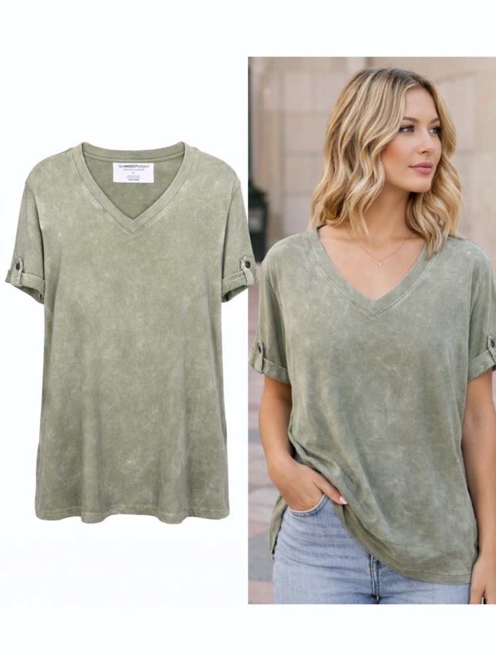 The Sweatshirt Project Olive Green Mineral Wash Tee | V-Neck | Cotton Blend | 1X